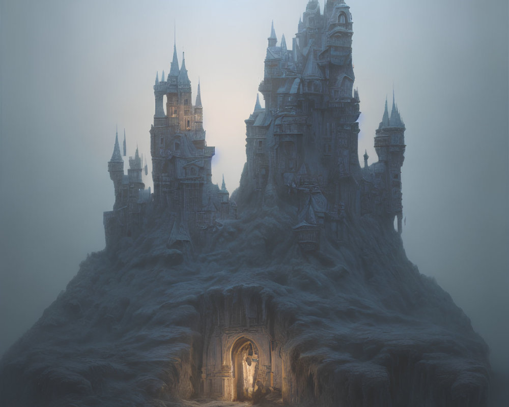 Mystical castle with spires in mist on rocky hill with glowing entrance