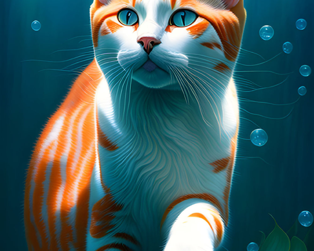 Orange and White Cat with Blue Eyes Submerged in Water with Bubbles and Light Rays