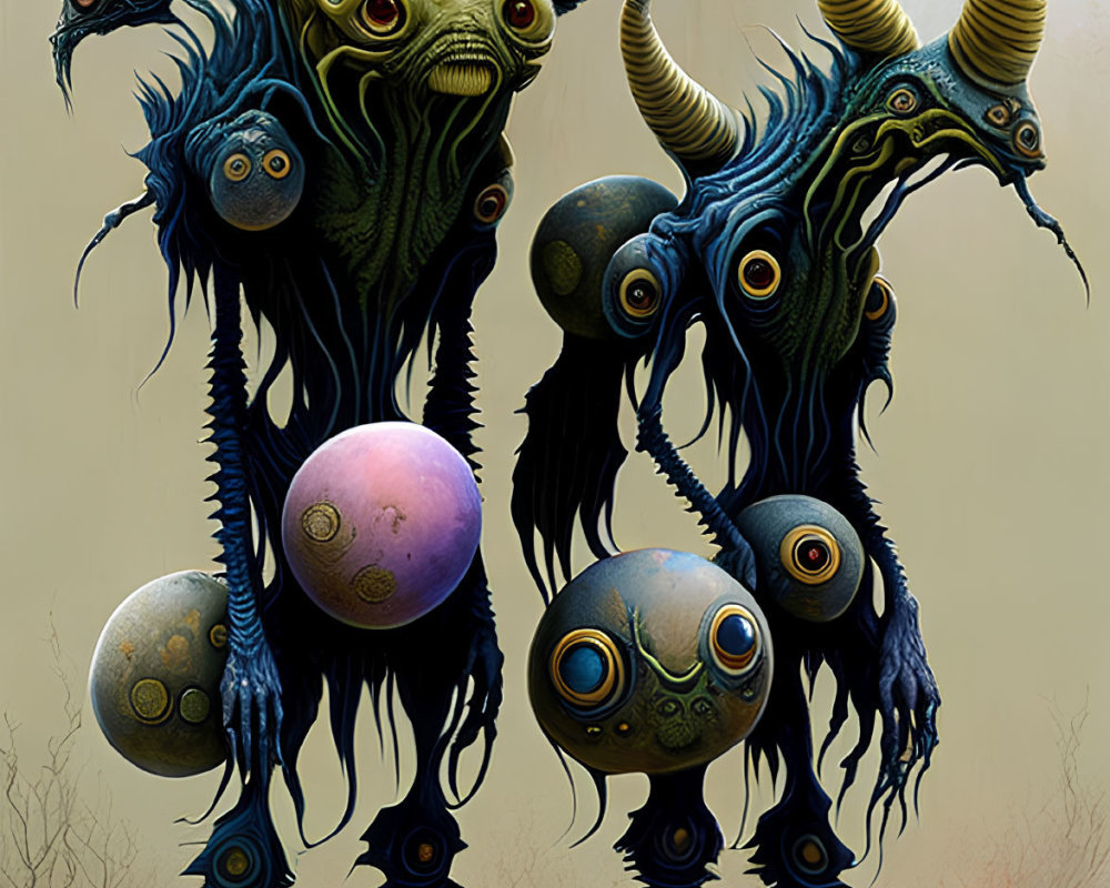 Surreal alien creatures with multiple eyes in misty landscape