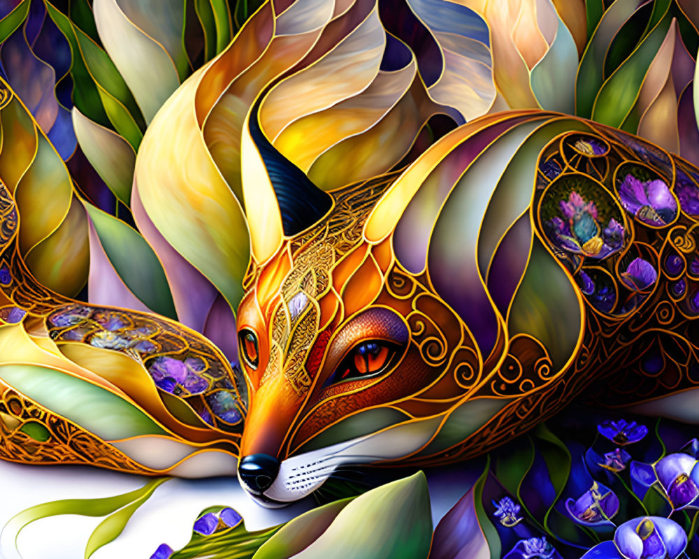 Vibrant fox illustration with ornate patterns and floral elements