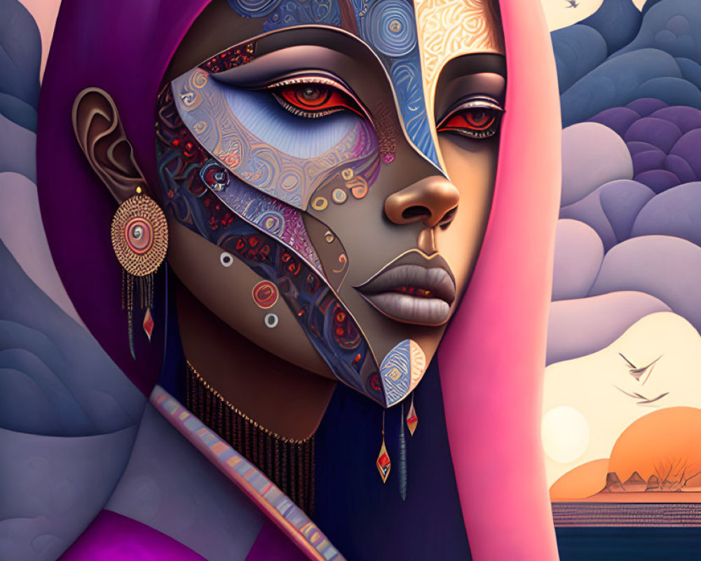Stylized female figure with vibrant skin and jewelry in surreal landscape
