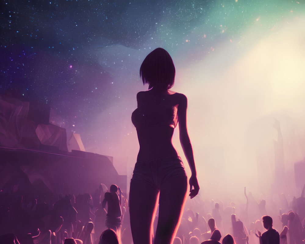 Silhouette of woman at concert with bright lights and starry sky