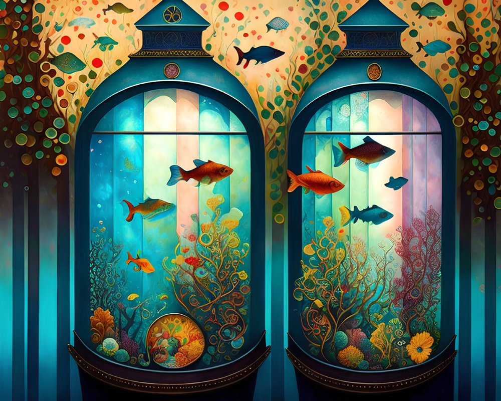 Ornate arch-topped aquariums with vibrant fish and coral in whimsical nature backdrop