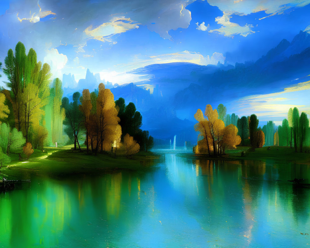 Tranquil landscape painting: river, vibrant reflections, lush trees, distant mountains, blue sky