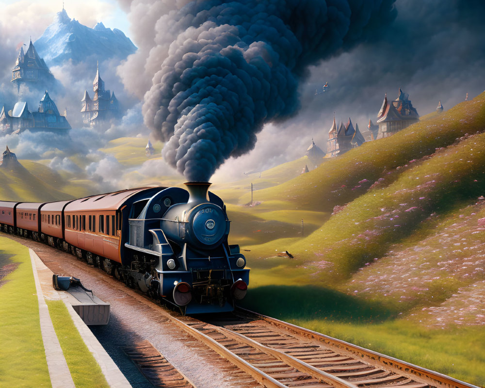 Blue steam locomotive travels through lush landscape with castles & mountains