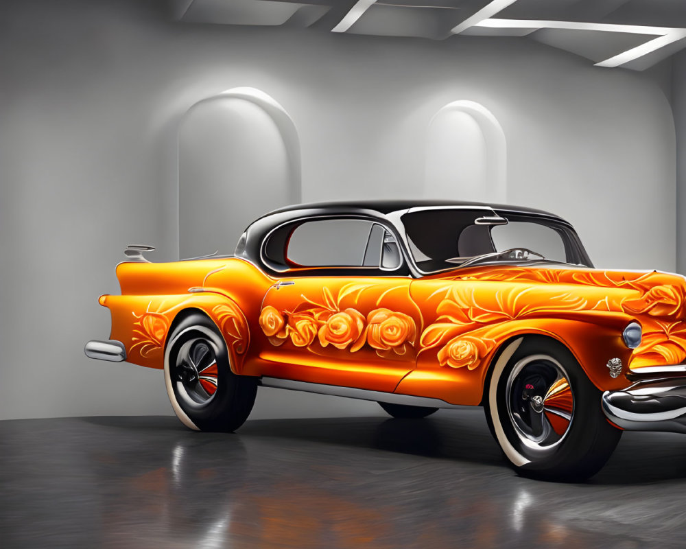 Vintage Orange Car with Flame and Rose Design in Grey Interior