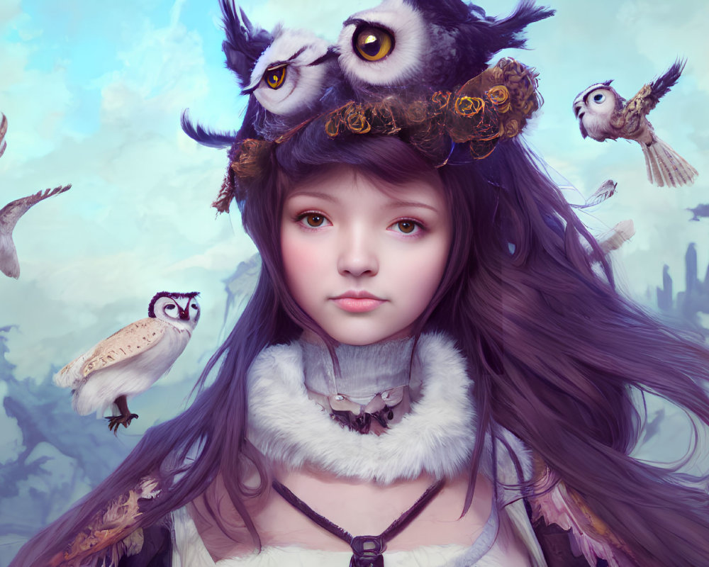 Dark-haired girl with owls in dreamlike landscape.