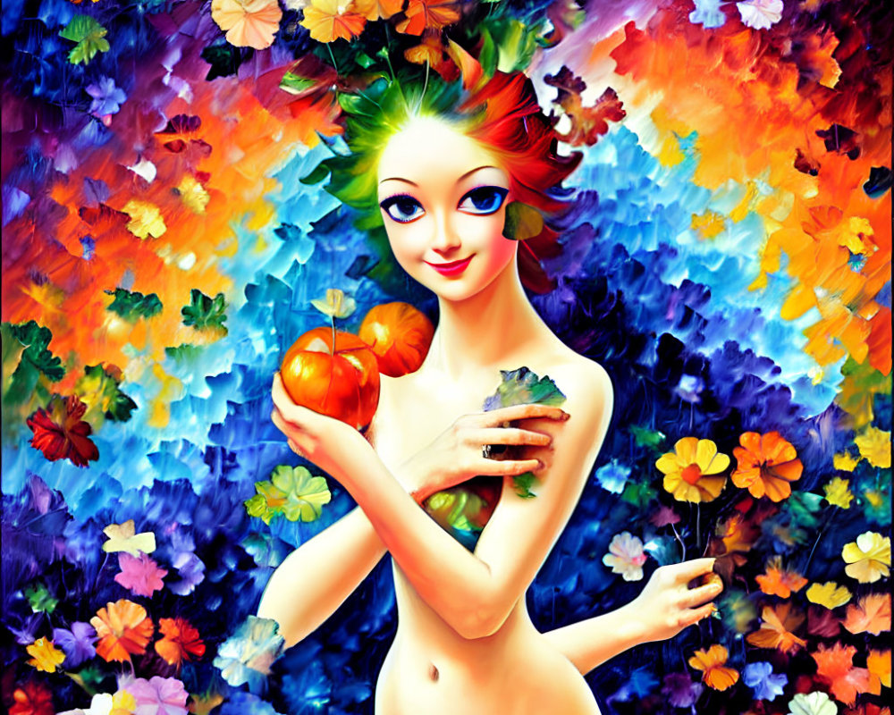 Vibrant digital artwork: whimsical female figure with fruit in colorful floral setting