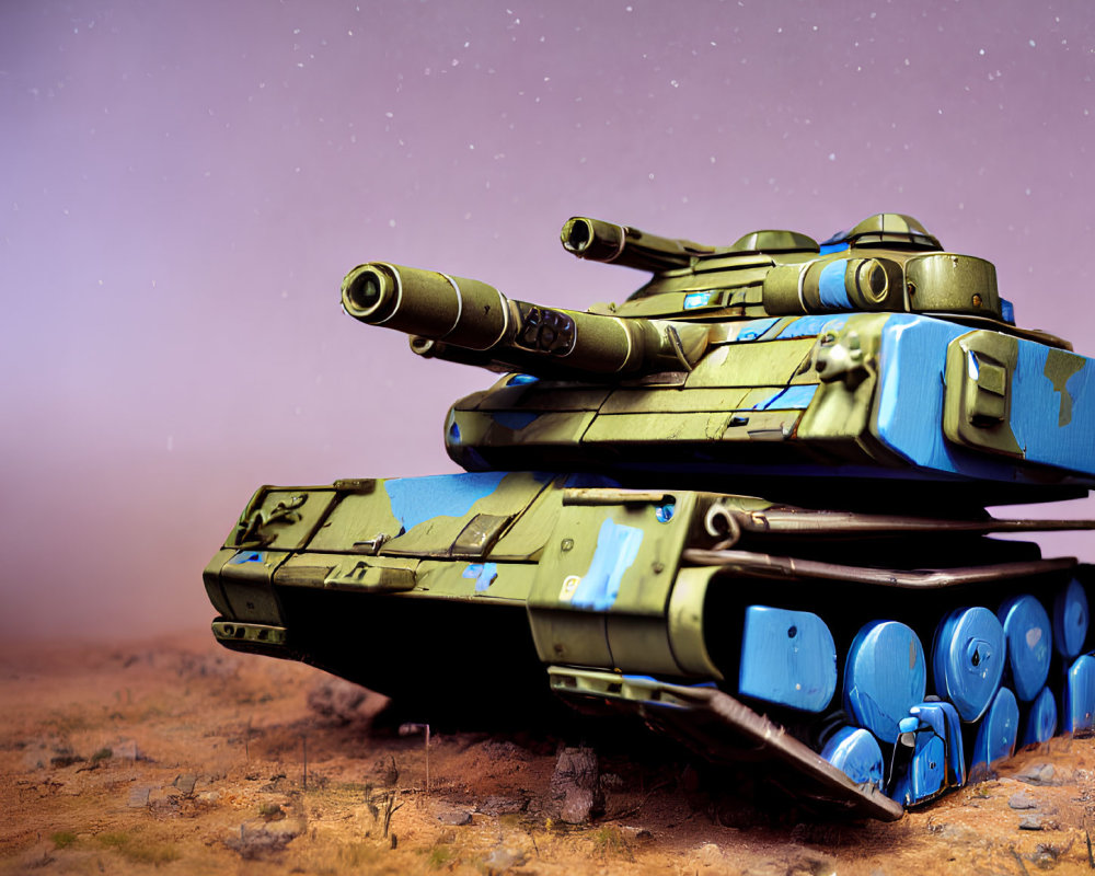 Futuristic dual-barreled tank on rocky terrain under starry sky