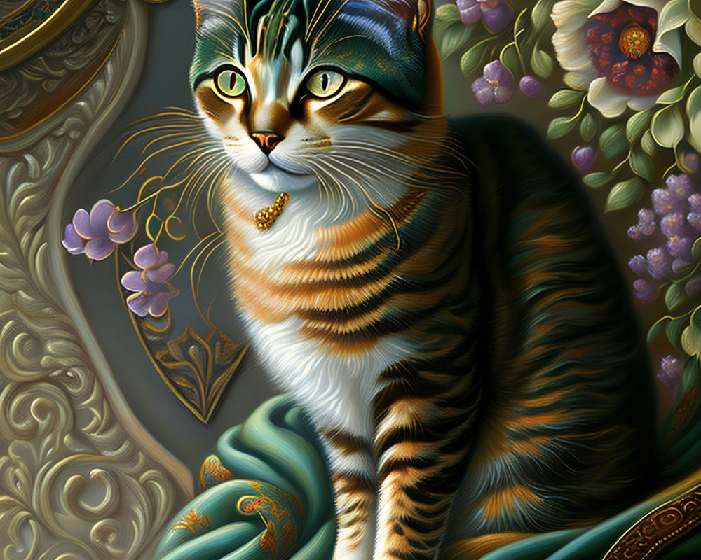 Detailed painting of a cat with intricate fur patterns and opulent floral motifs