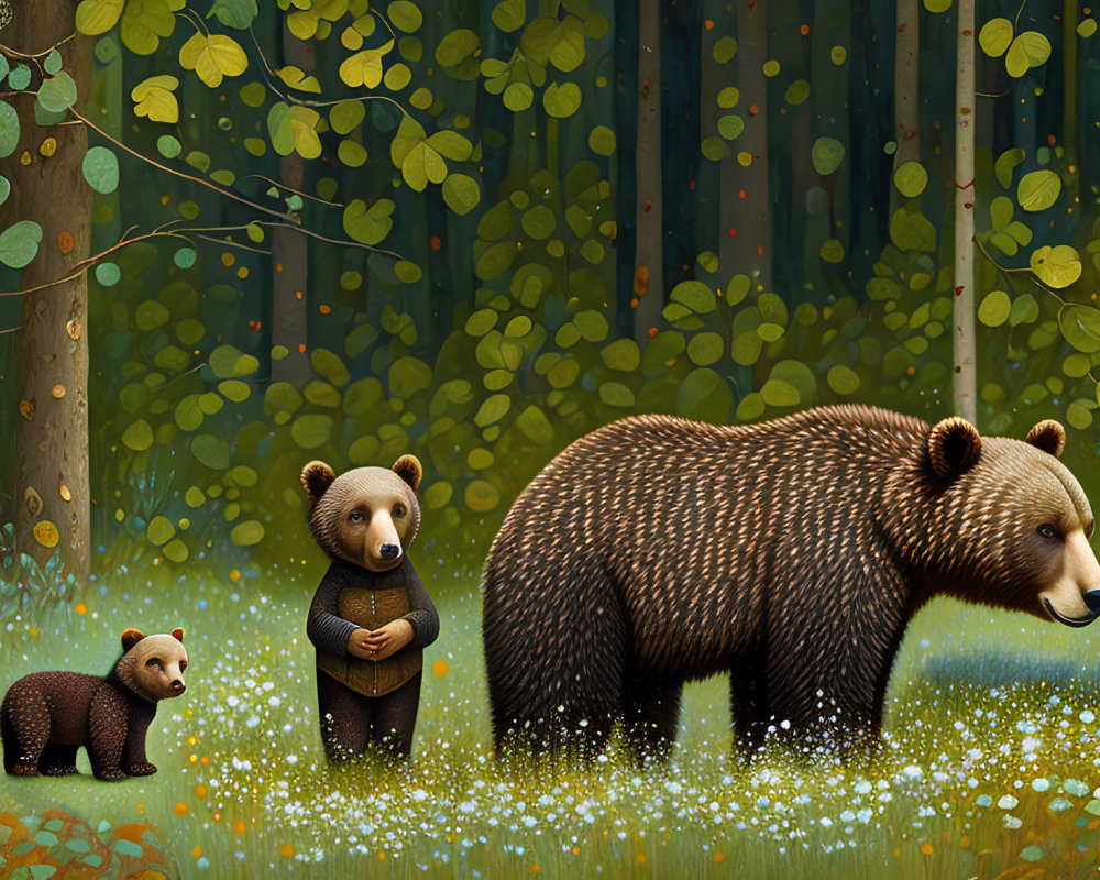 Mother bear and cubs in whimsical forest with glowing lights and green foliage