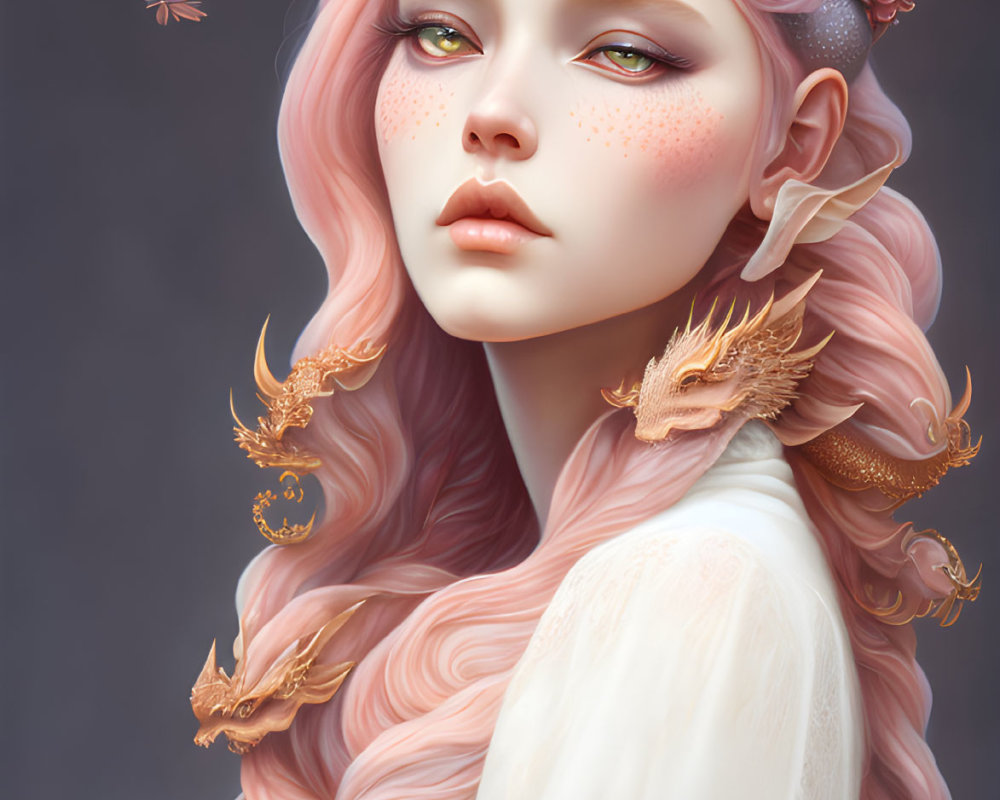 Digital artwork: Woman with pink hair, freckled skin, gold dragon ornaments, and flying creatures