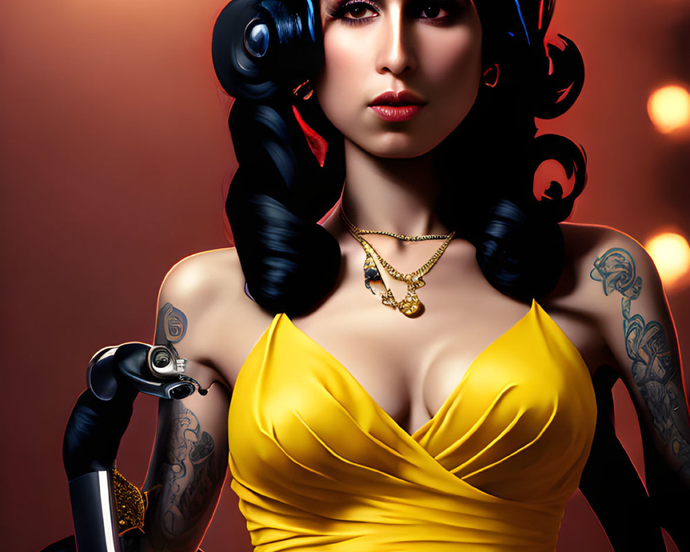 Stylized portrait of woman with black hair, tattoos, yellow dress, and glowing orbs
