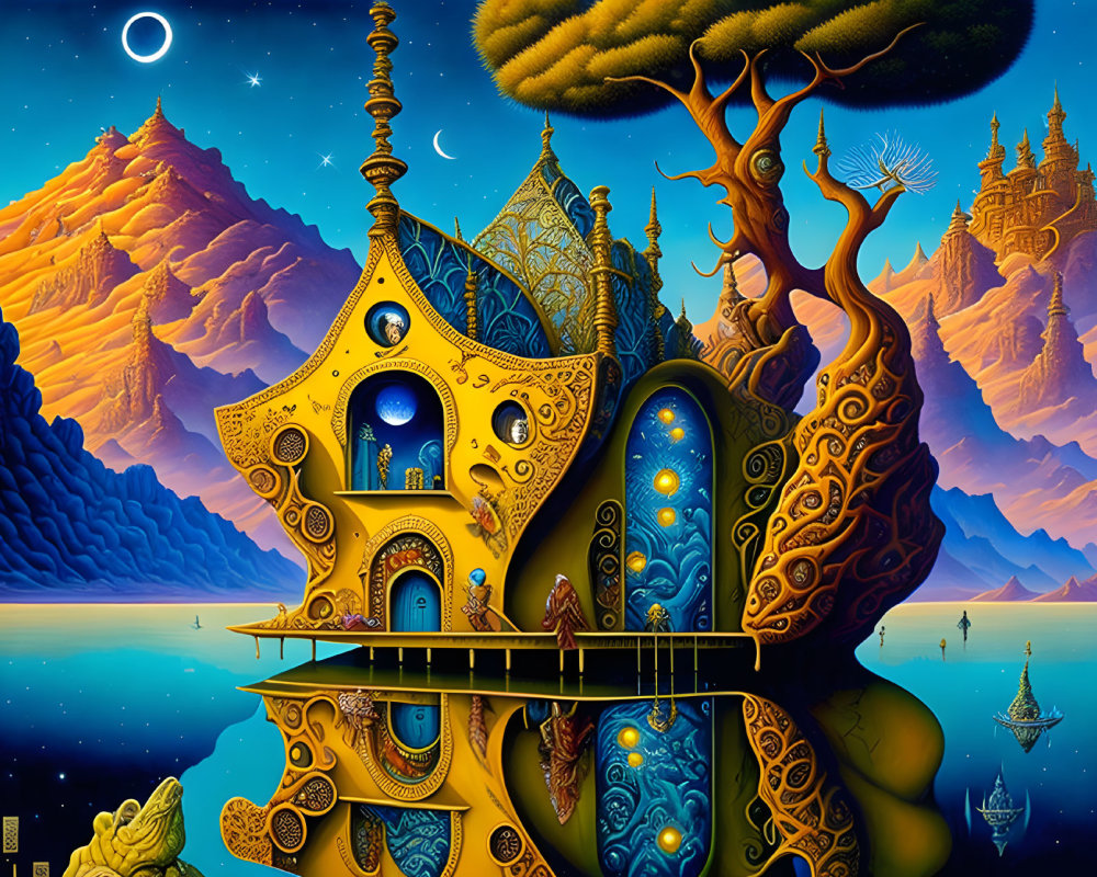 Surreal landscape with yellow house, moon, cliffs, and towers