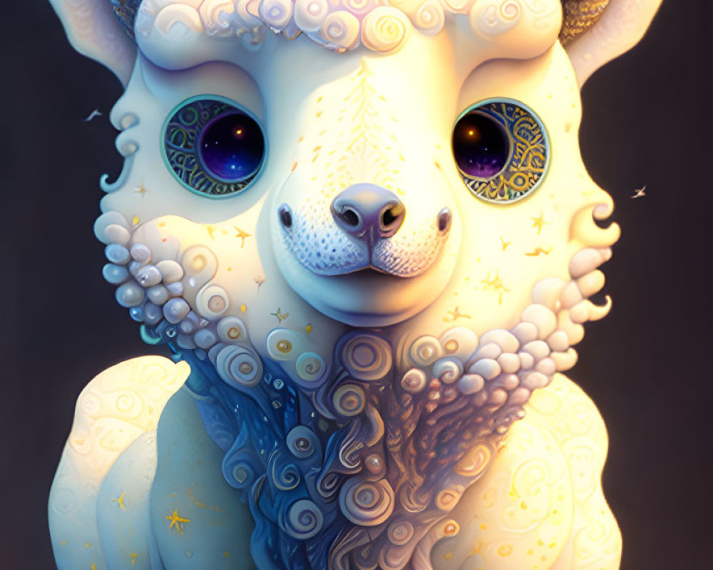 Fantastical lamb creature with expressive eyes and ornate patterns on moody background