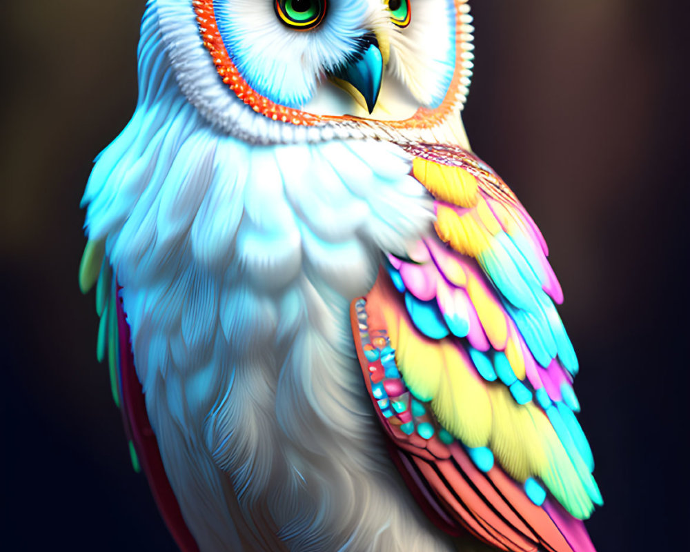 Vibrant digital artwork: Colorful owl with intricate markings on mossy surface