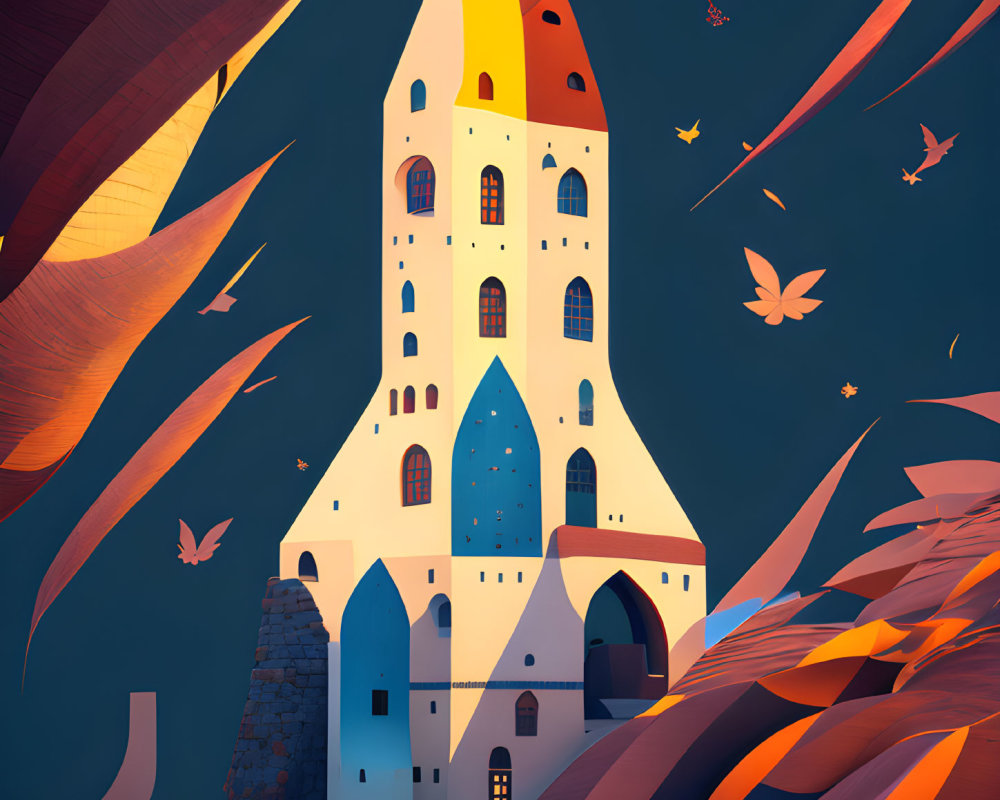 Colorful Castle Illustration with Autumn Leaves and Birds on Dark Blue Background