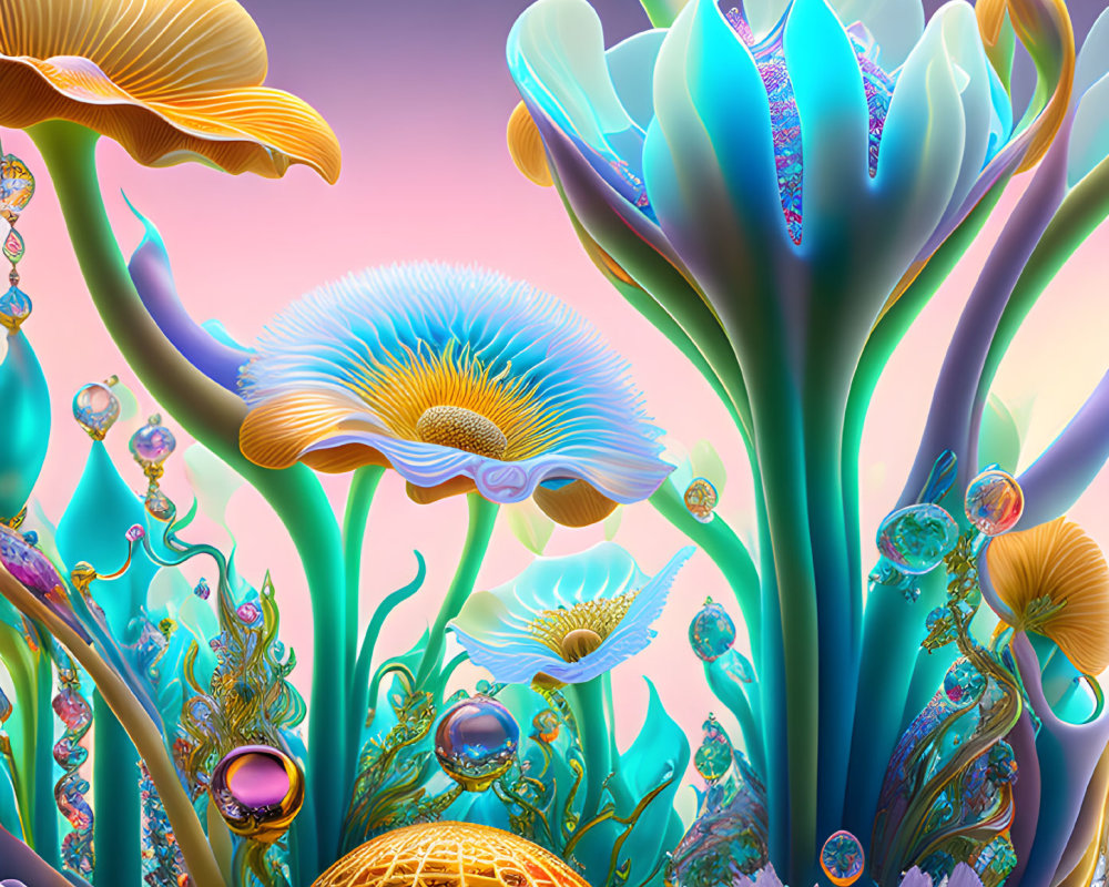 Colorful alien plant landscape with spherical elements in blue, yellow, and purple.
