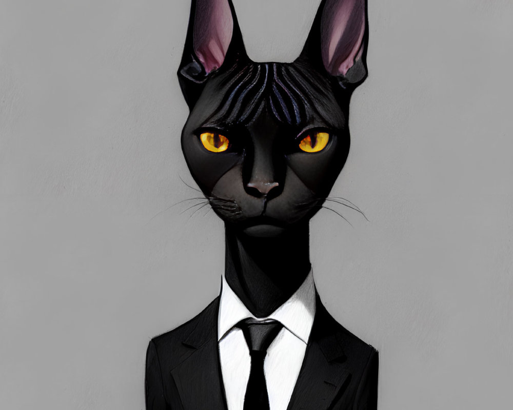 Anthropomorphic black cat in formal suit with yellow eyes on grey background