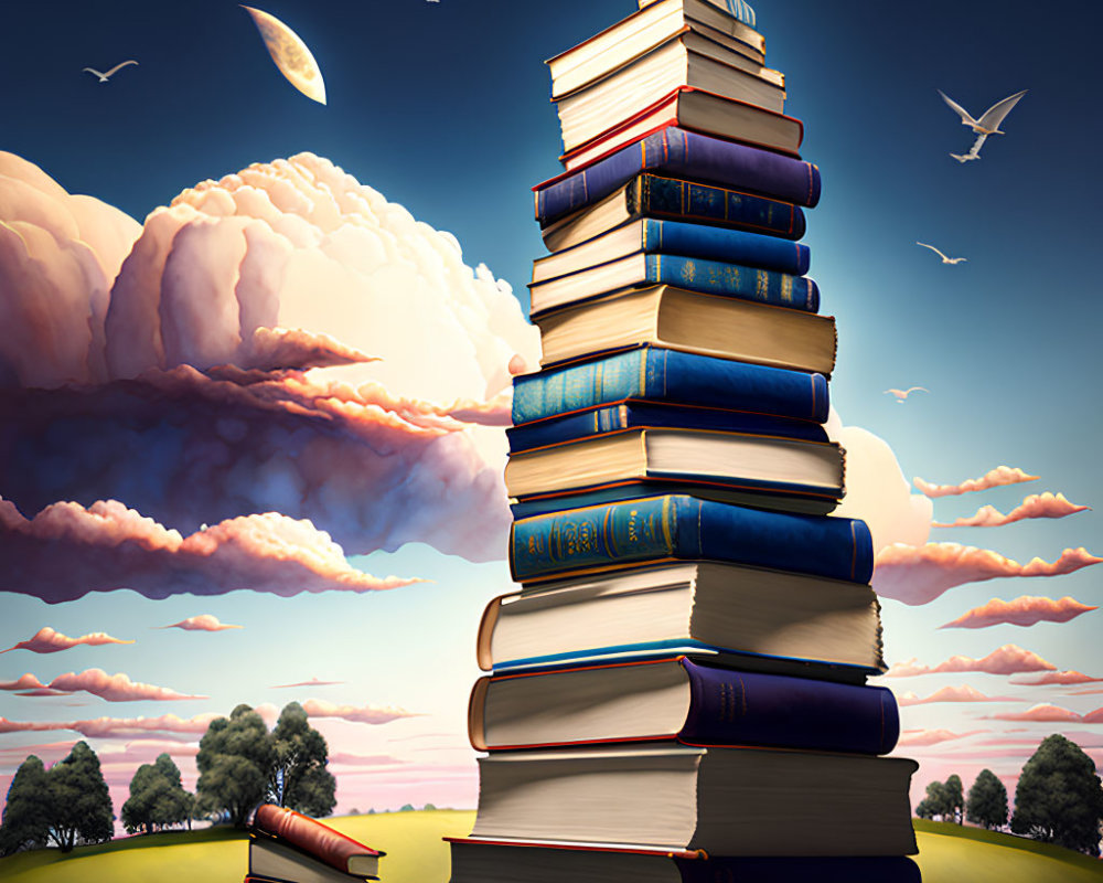 Stack of Hardcover Books on Grass Field with Sky, Clouds, Bird, and Moon