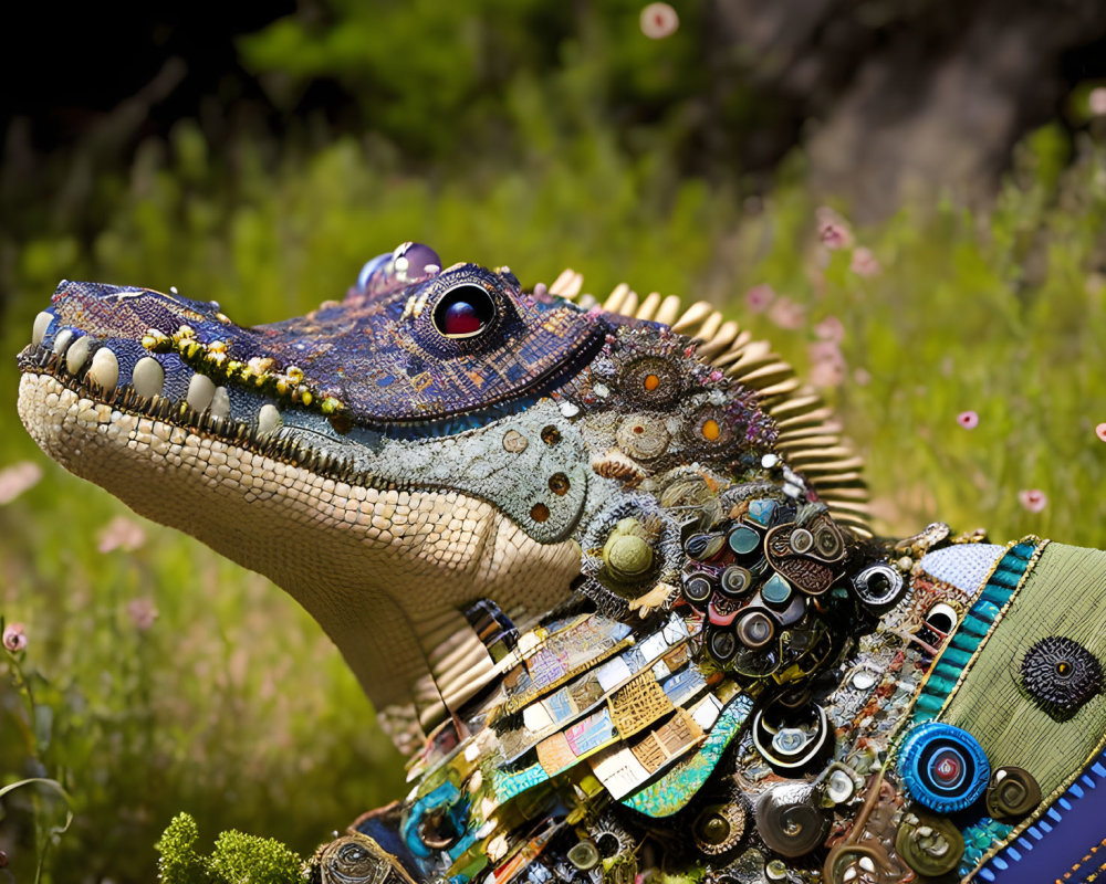 Colorful lizard sculpture with mechanical elements on green background.