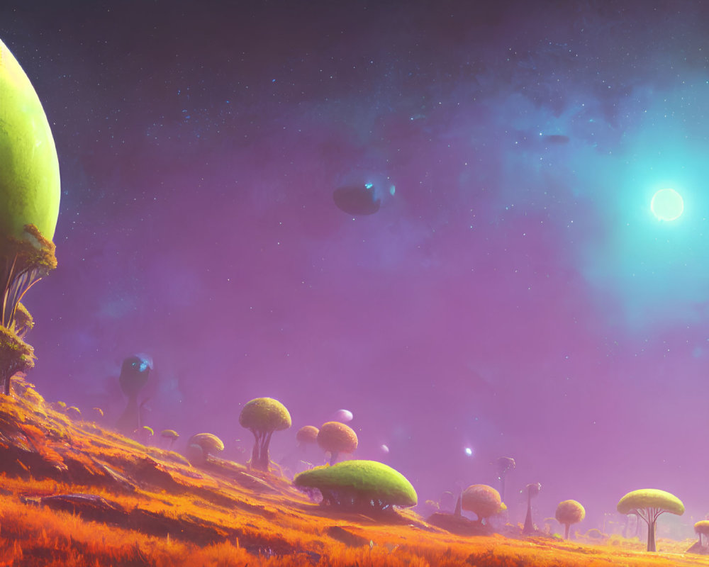 Colorful alien landscape with mushroom-like plants under starry sky
