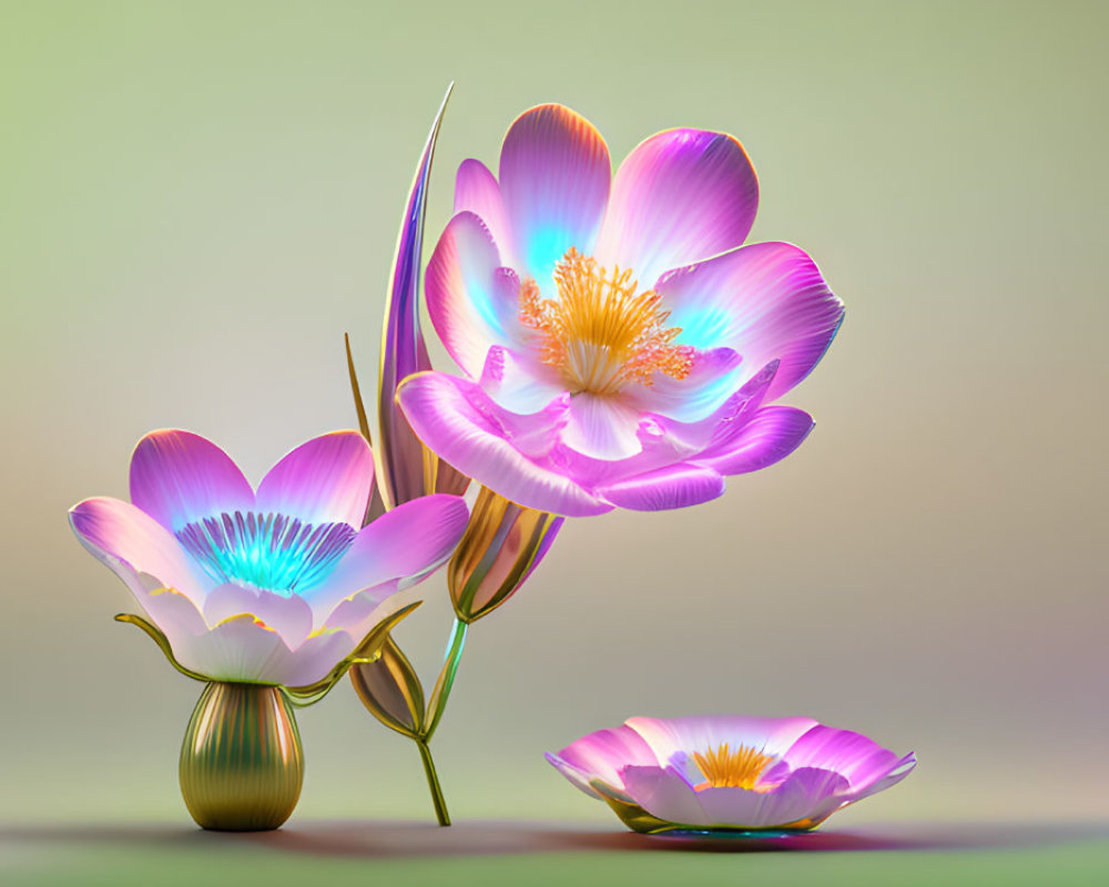 Three Gradient Petal Digital Flowers on Soft Green Background