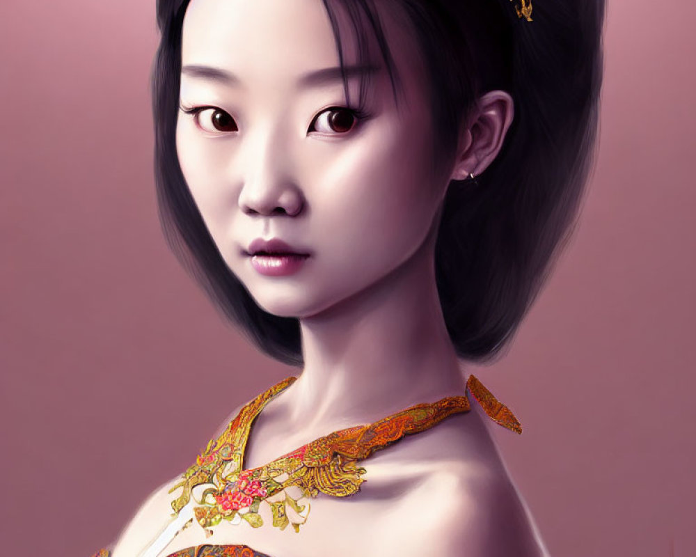 Digital portrait: Young woman with black hair and golden dragon design on shoulder