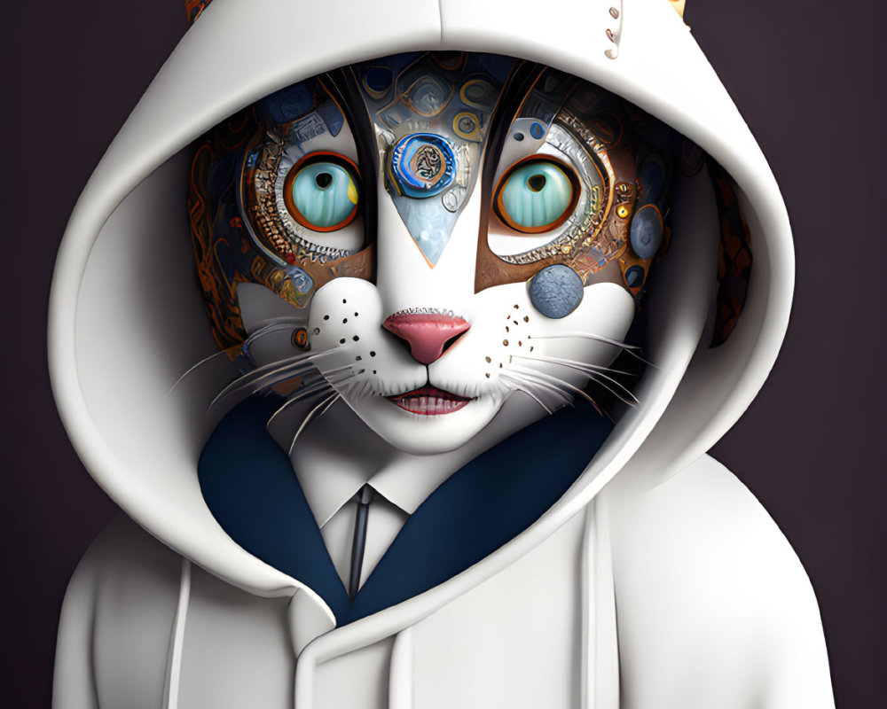 Whimsical Cat Character in Suit with Multiple Eyes and Patterns