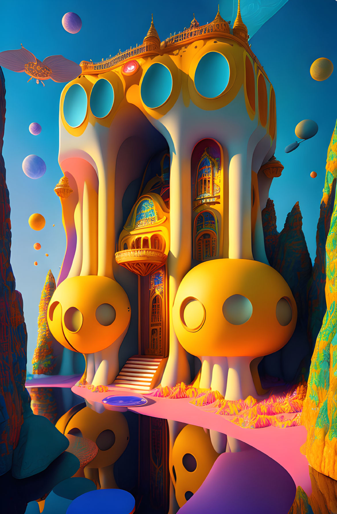 Colorful surreal artwork with golden domes, floating orbs, and rock formations under a blue sky