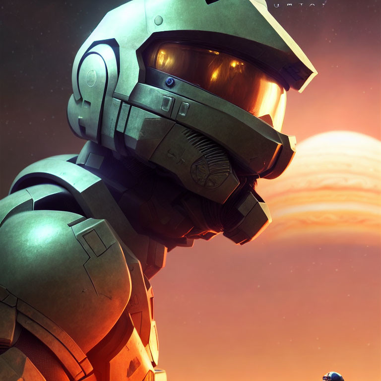 Armored soldier with visor in futuristic setting with distant planet