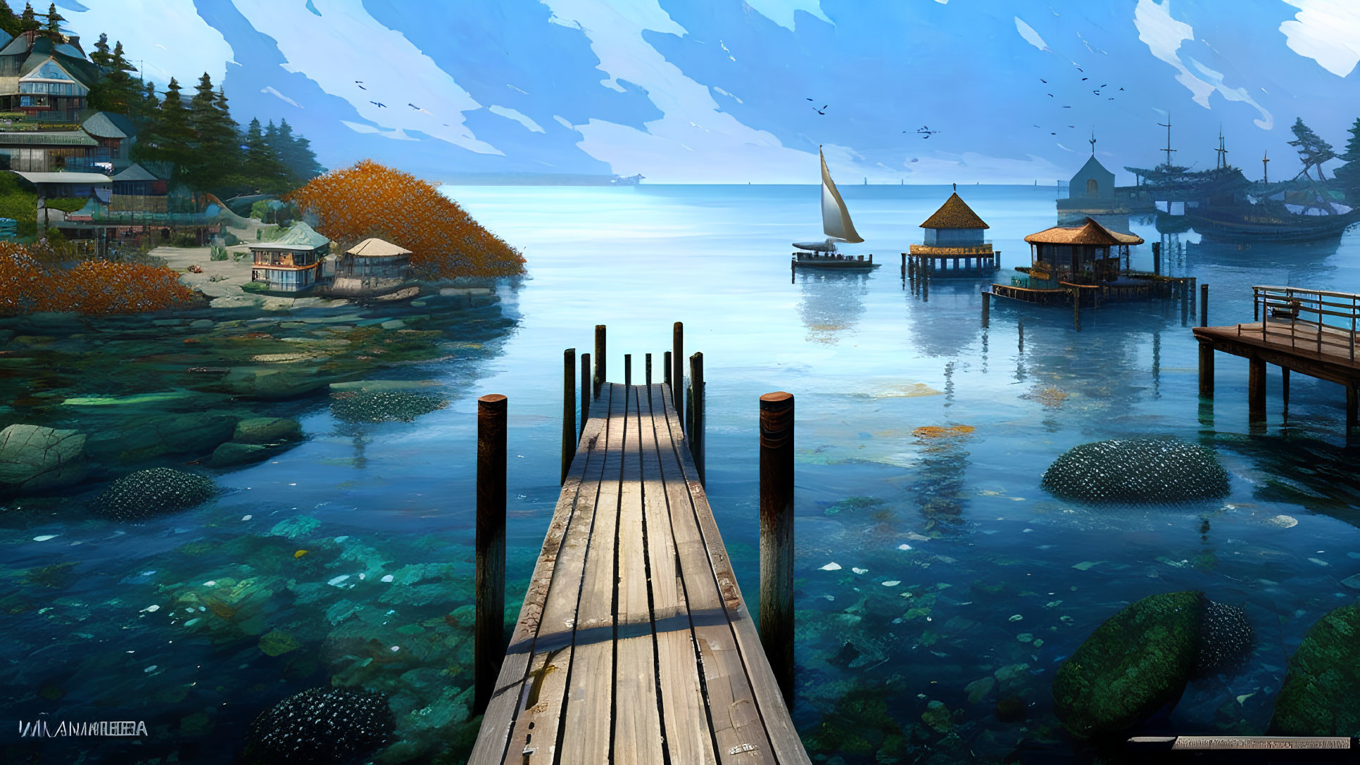 Tranquil lakeside view with wooden dock, houses on stilts, mountains, and sailboat