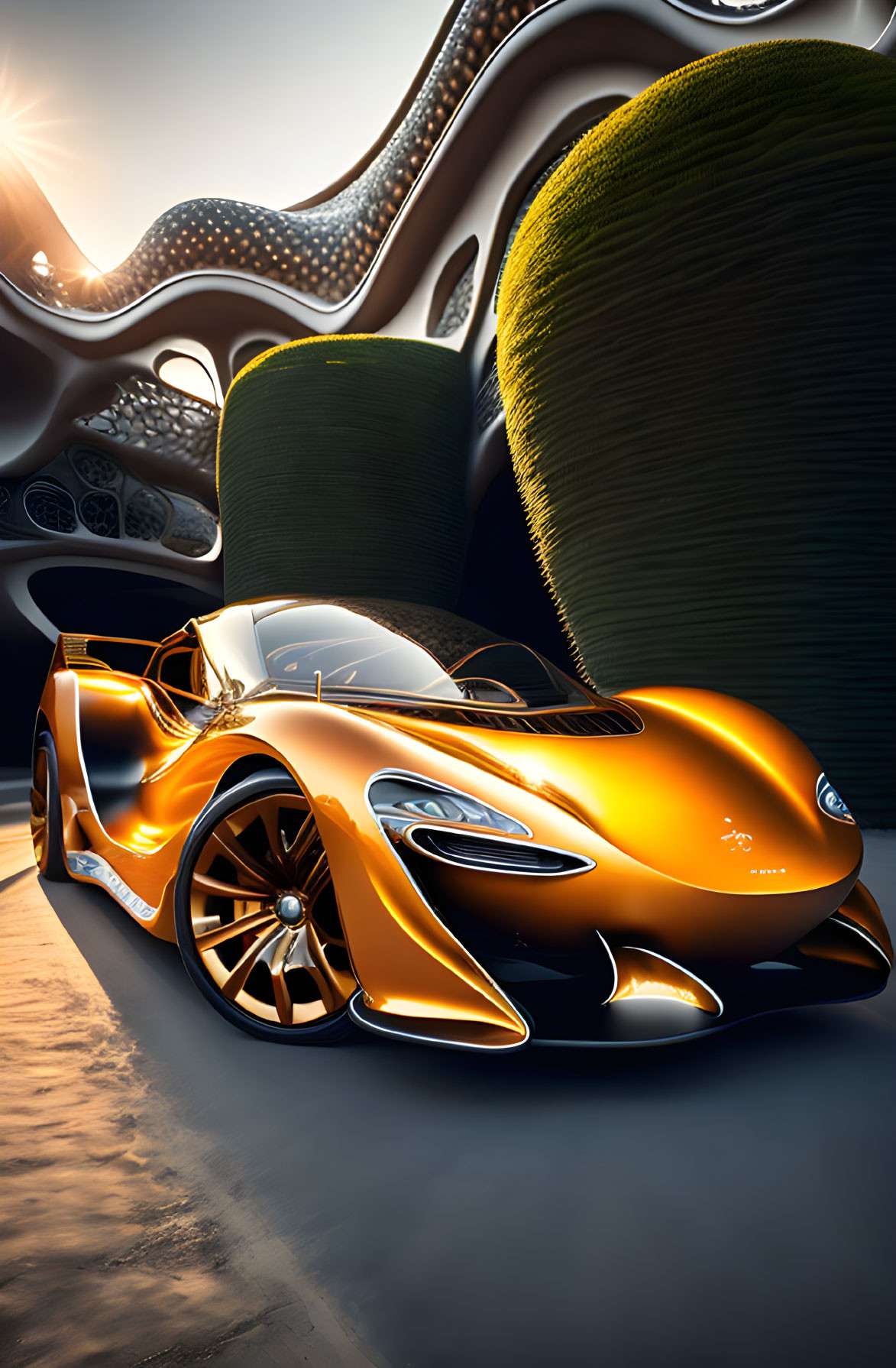 Futuristic orange sports car in front of abstract wave-like structures