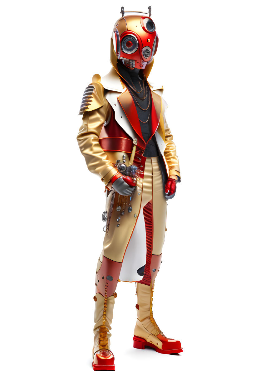Futuristic character in golden armor with red and white coat and intricate helmet