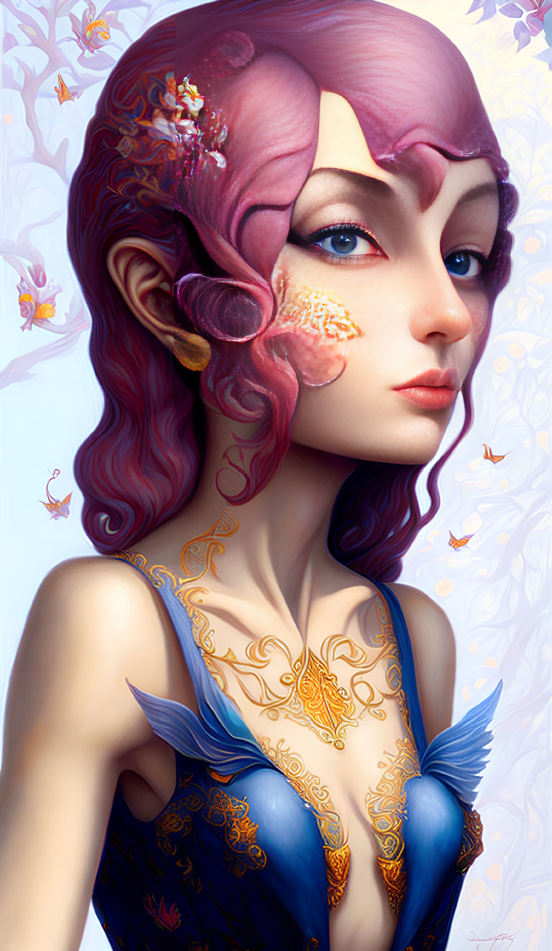 Stylized illustration of woman with pink-purple hair and elfin ears surrounded by butterflies