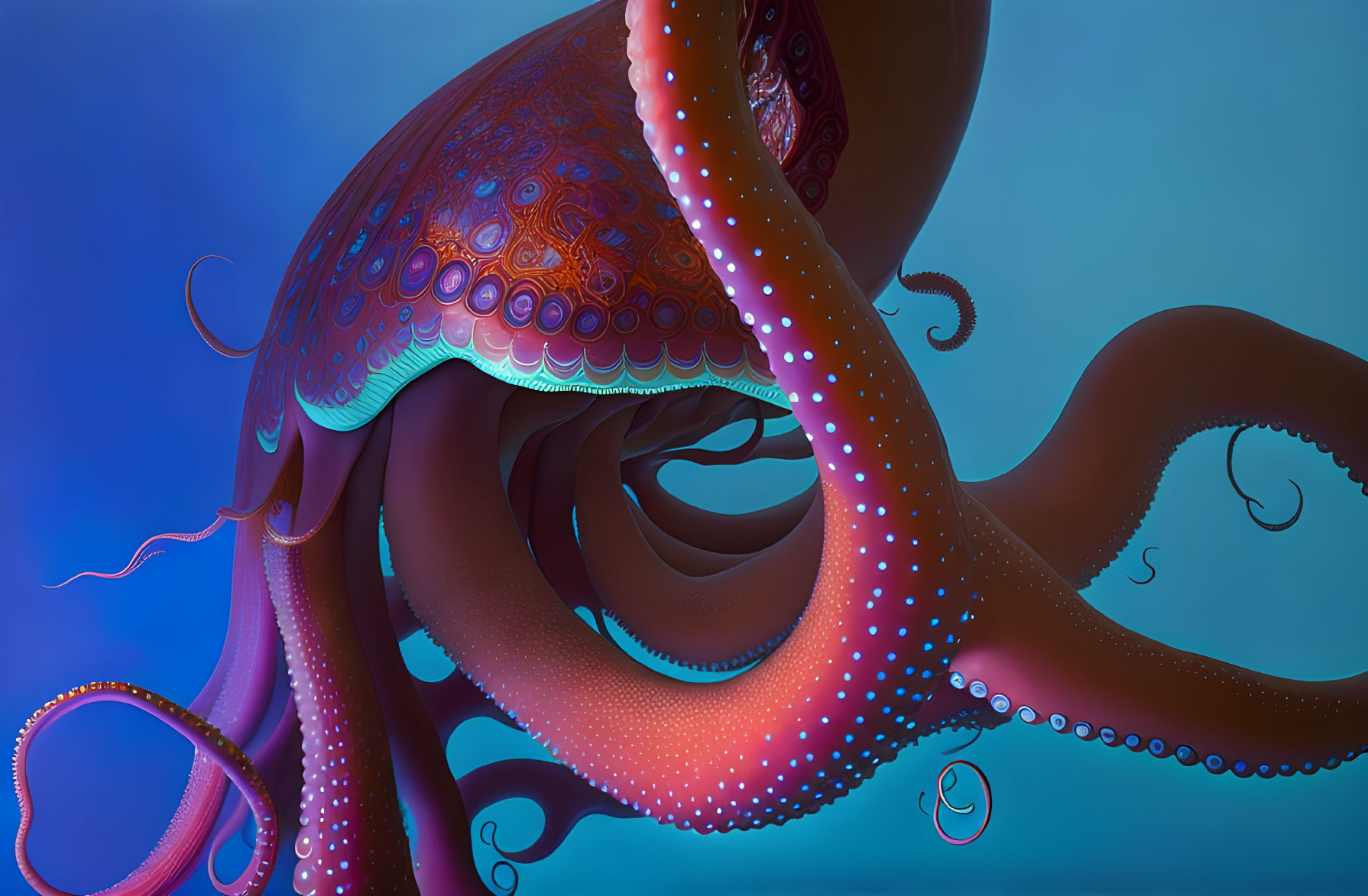 Detailed digital octopus illustration with bioluminescent suckers on blue gradient background