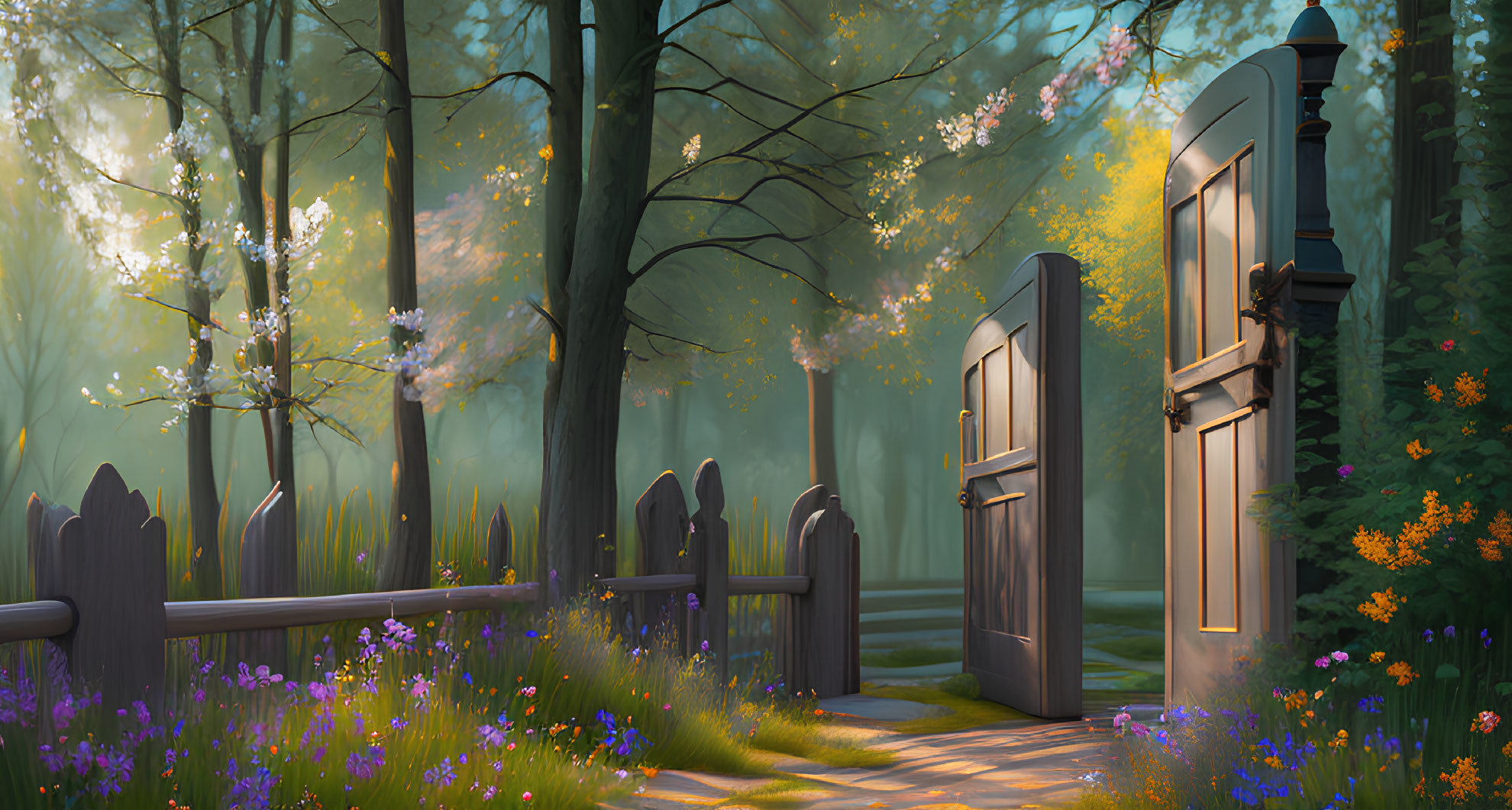 Enchanted forest scene with vintage door, blooming flowers, and sunlight
