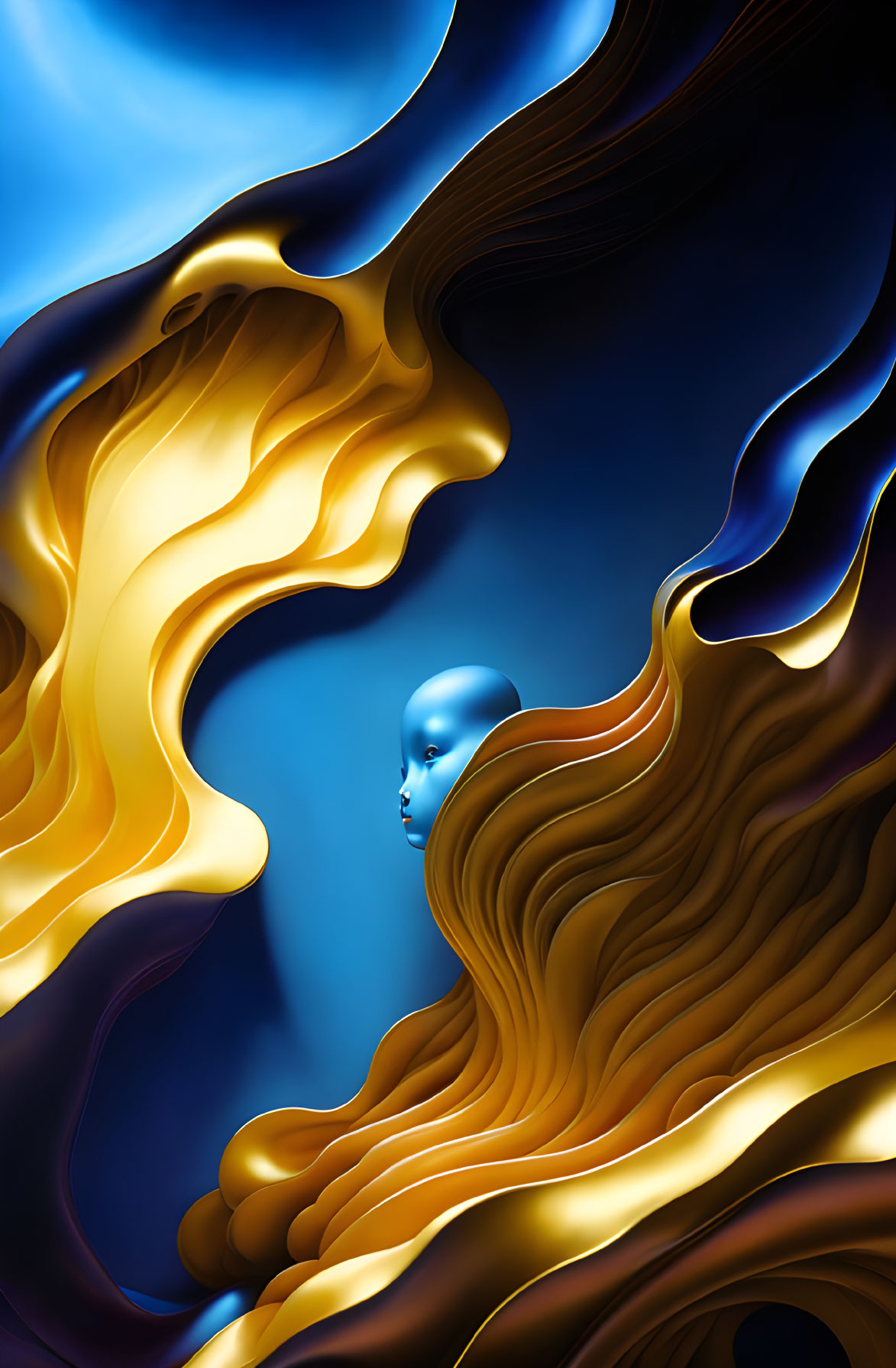 Surreal blue face in gold and blue wavy shapes creating motion.
