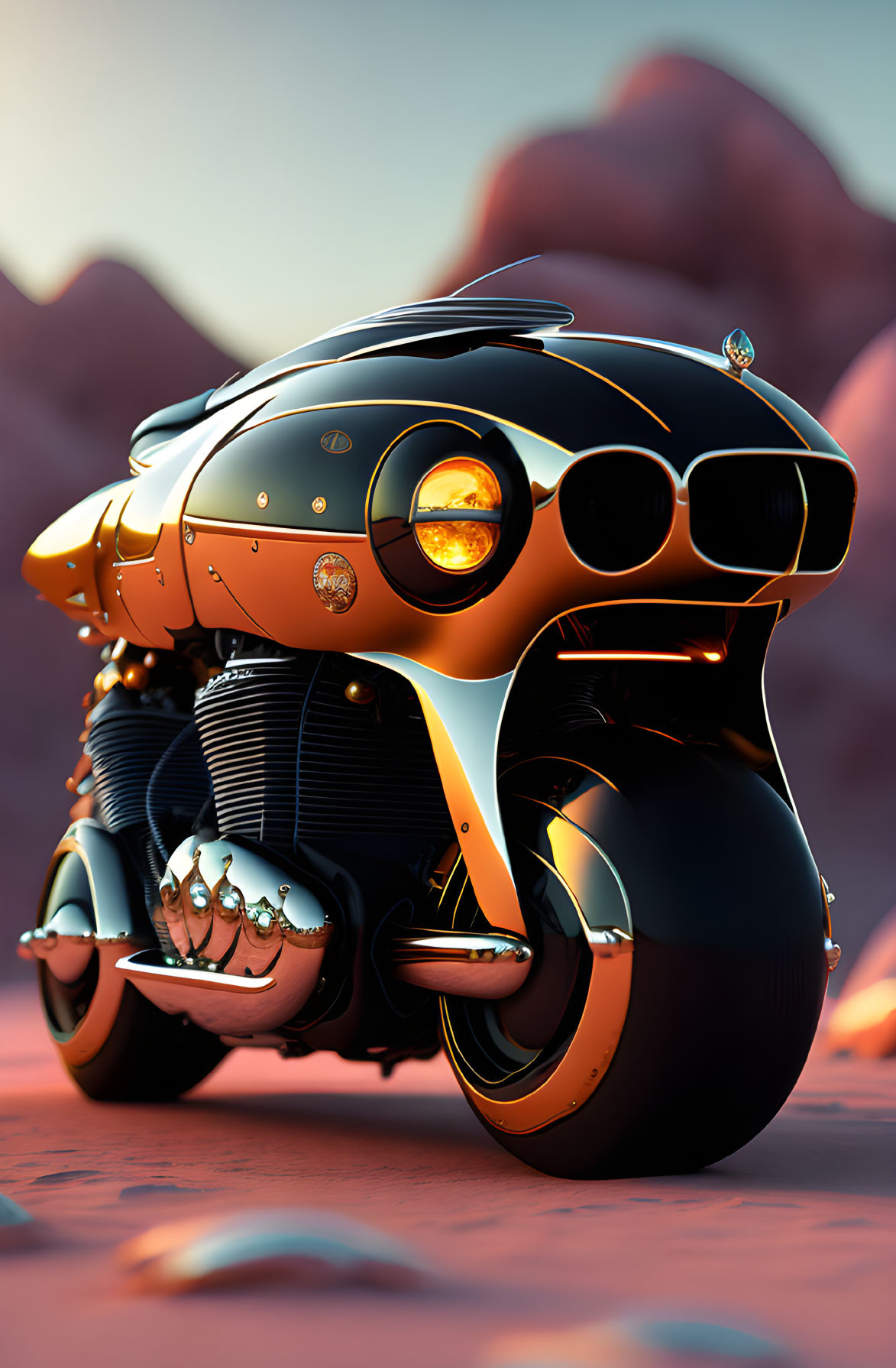 Sleek black and orange futuristic motorcycle in rocky landscape