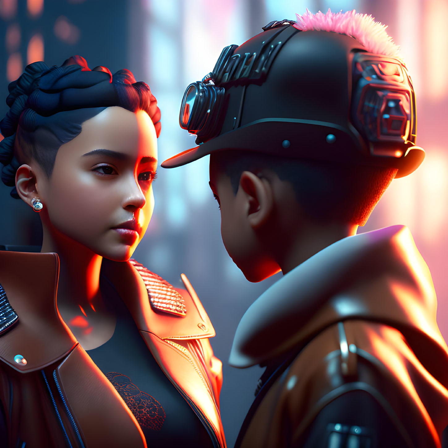 Futuristic stylized characters in neon-lit setting