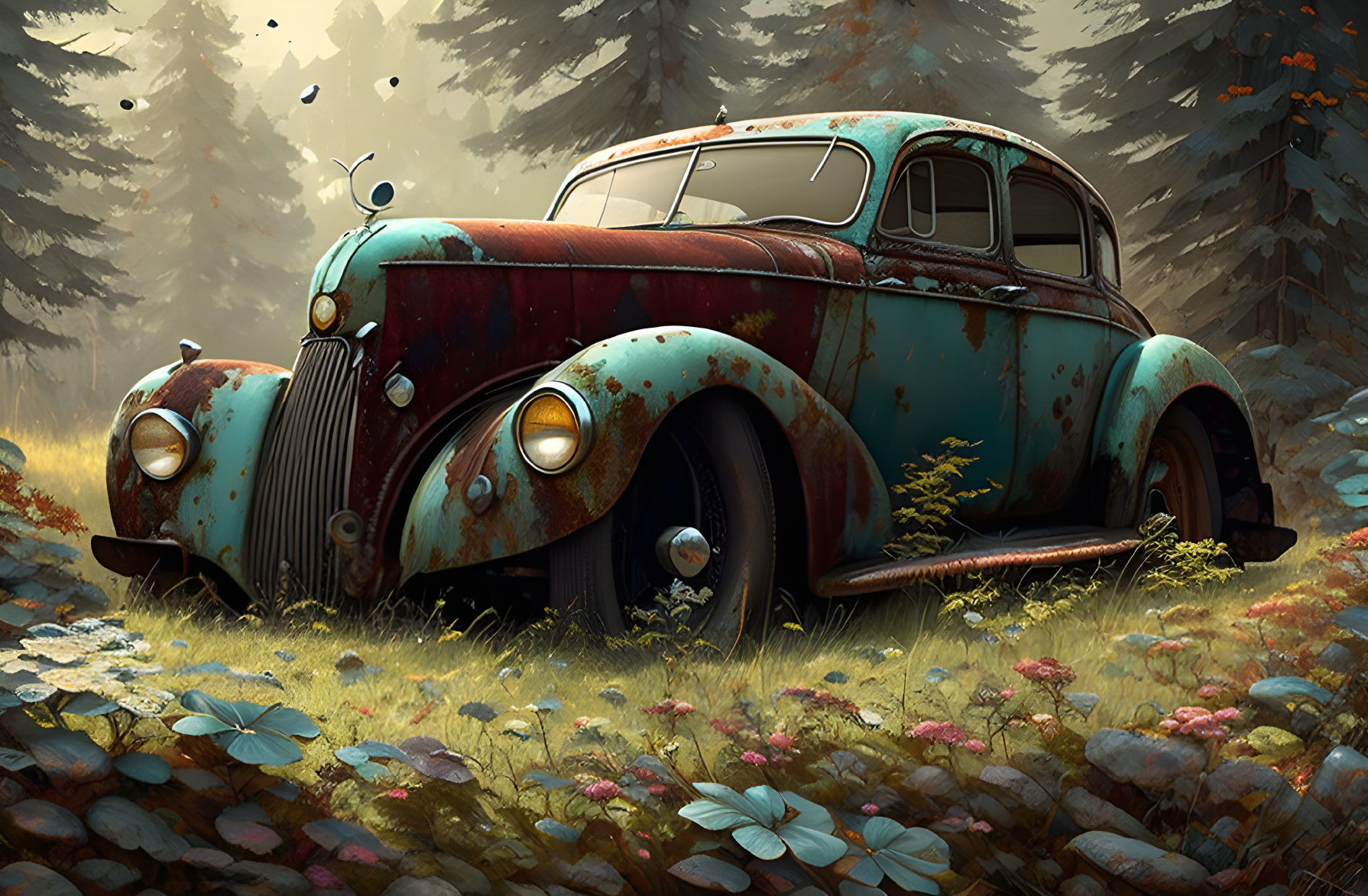 Abandoned vintage car engulfed by nature in a mystical forest