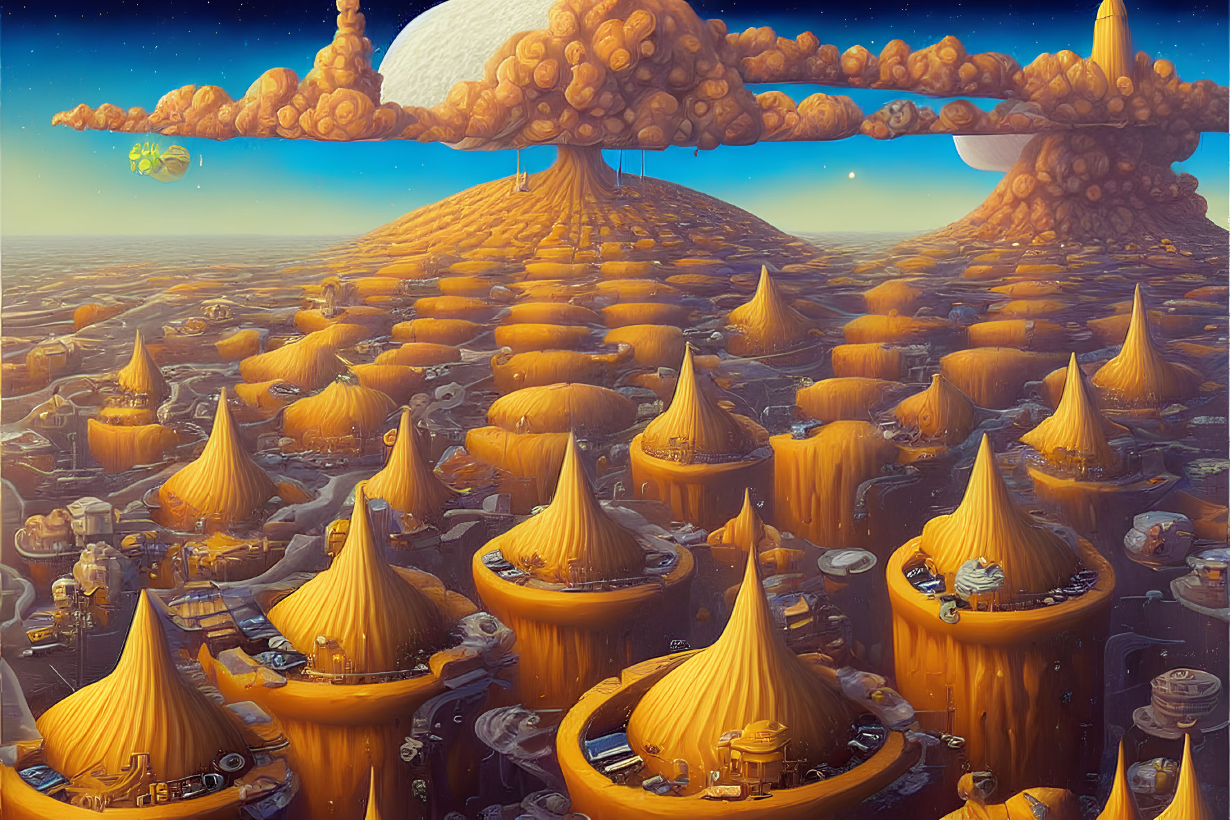 Fantastical landscape with orange conical structures and flying vehicles