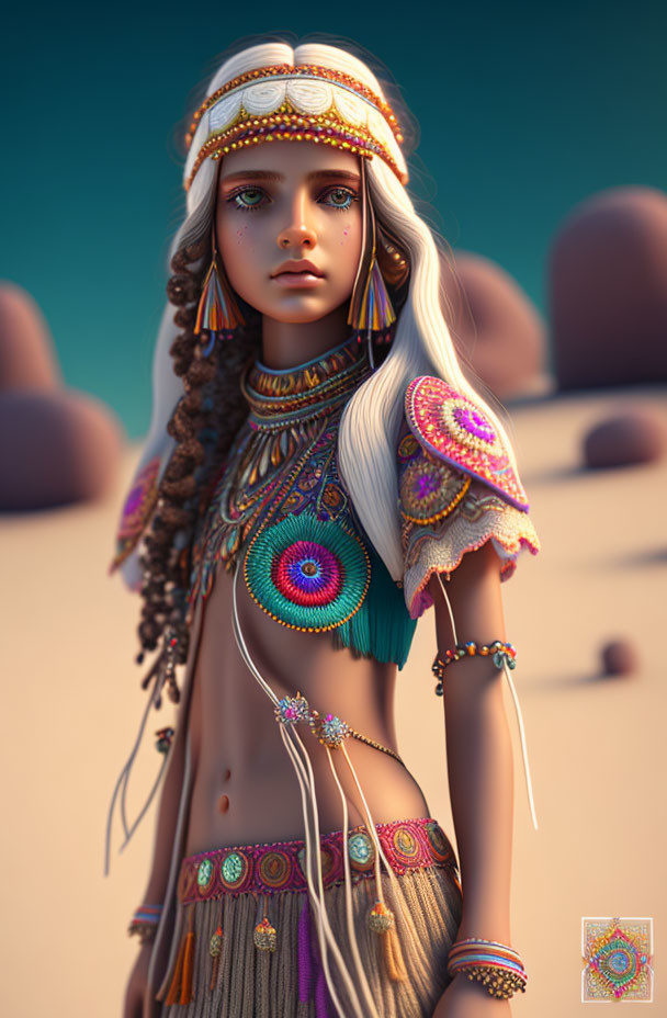 Digital artwork: Woman in tribal attire with headband and braided hair