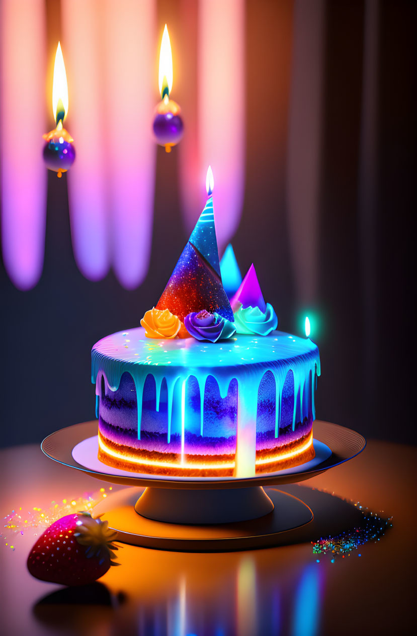 Vibrant birthday cake with dripping icing and lit candles on dark background