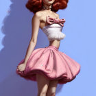 Illustration of woman with red hair in pink dress holding teacup