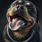 Close-up of Rottweiler with open mouth and shiny eyes, wearing silver chain collar