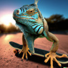 Colorful iguana illustration on branch in sunset sky with water droplets