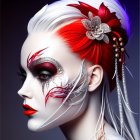 Digital Artwork: Female Figure with Red and White Face Paint, Elaborate Headpiece, and