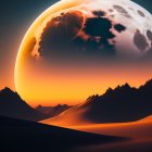 Surreal landscape with giant celestial bodies over rocky terrain