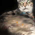 Blue-eyed cat with colorful feather patterns on dark background